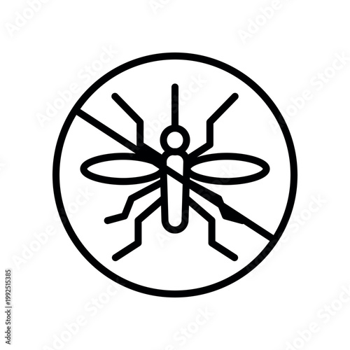 Anti mosquito sign. Isolated prohibited and warning line style icon. Insect repellent emblem. Pest control vector symbol