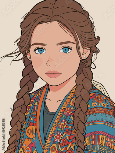 Young girl with long braids wearing colorful patterned clothing and looking directly at the viewer in a simple setting