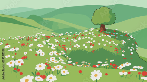 Bright flowers bloom on a green hillside with a solitary tree in a cartoon landscape under a clear sky
