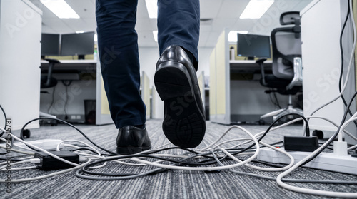 Closeup of a businessmans feet walking through a messy office floor with tangled electrical cables and power strips, posing a tripping hazard