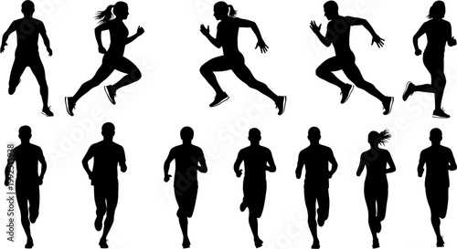 Silhouettes of diverse athletes in motion, capturing the dynamism of running as a sport and recreational activity