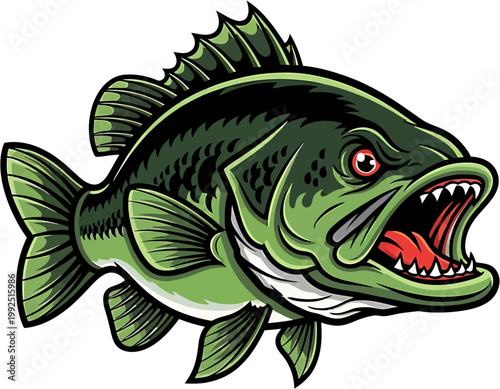 Dynamic illustration capturing the intense spirit of an aggressive freshwater bass with an open mouth and sharp teeth, perfect for fishing enthusiasts and sports branding