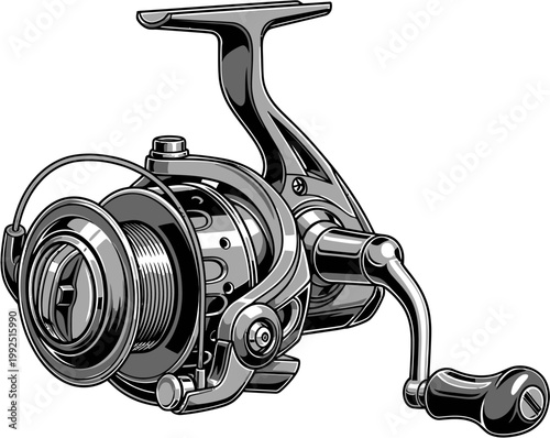 A detailed grayscale illustration of a spinning fishing reel, showcasing its intricate mechanisms and robust design, perfect for anglers and fishing enthusiasts pursuing aquatic adventures