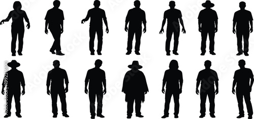 Vector illustration of a business team and family group featuring black silhouettes of a professional businessman in a suit walking alongside a fashion model woman and a successful person pose