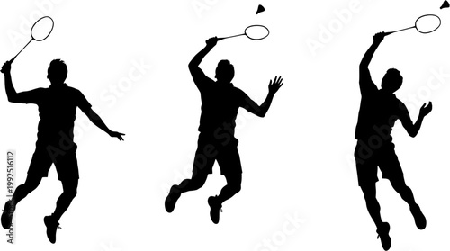 Silhouette illustrations of athletes in dynamic poses playing badminton with racquets and shuttlecocks