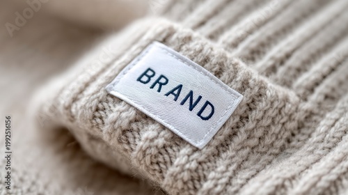 Detailed Close-Up of a Knitted Fabric Showcasing a Tag with the Word 'BRAND' Imprinted on a Soft and Cozy Sweater Material