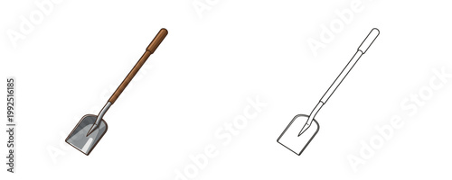 Barbecue ash tool shovel in cartoon and line art style with grey and brown colors used for cleaning grill and fireplace equipment