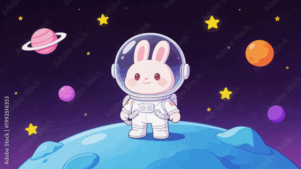 Fototapeta premium Cute bunny in space suit on planet