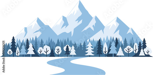 Flat design illustration of a tranquil winter mountain valley, showcasing sharp peaks, an array of coniferous and deciduous trees, and a winding river