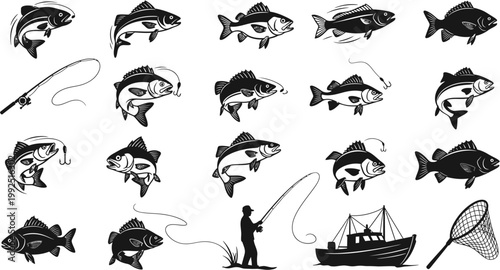 Explore the dynamic and diverse world of recreational fishing, featuring a rich array of fish species, essential angling equipment, and the essence of the catch in a classic illustration style