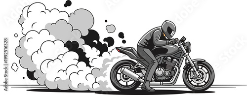 Dynamic illustration of a motorcyclist generating a massive cloud of smoke, embodying the raw power and exhilarating speed of high-performance racing