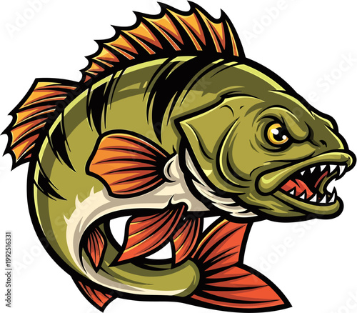 Vibrant illustration of a fierce freshwater perch with an aggressive expression, sharp teeth, and spiky fins, perfect for fishing sport mascots, emblems, or outdoor adventure designs