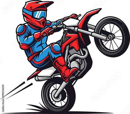 Motocross rider performing a wheelie on a red and blue dirt bike with speed lines indicating motion