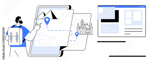 Travel planning, navigation tools, route guidance, location discovery, digital exploration, adventure organization. Traveler interacting with a tablet map and online user interface. Travel planning