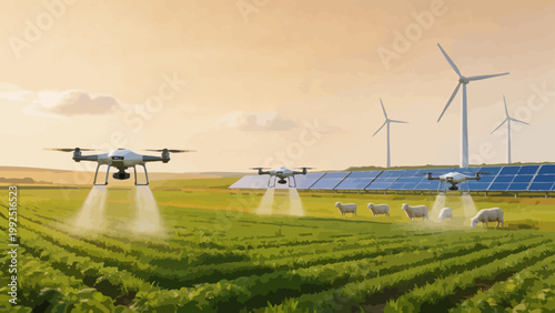 Drones spraying crops with sheep and windmills