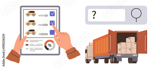 Supply chain management, delivery tracking, order fulfillment, e-commerce, inventory control, business logistics. A hand interacts with a tablet checklist and an open truck with packages. Supply