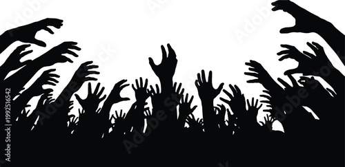 A creative vector illustration of a black silhouette crowd and group of people dancing at a fun music concert or disco club party celebration with a woman and men in the audience