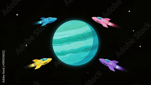 Colorful rockets orbiting planet
