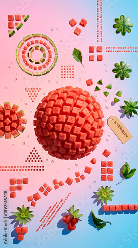 Colorful top view fruit and berry flat lay with diced watermelon sphere, strawberries and mint on pink and blue background for summer food blog and packaging design [copy space]