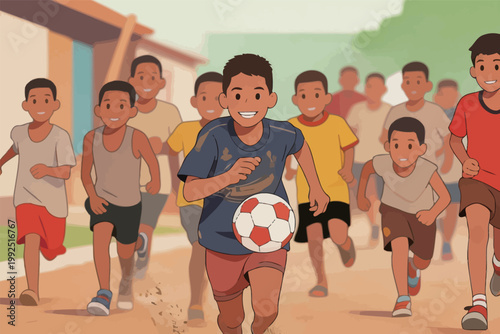 Young boys play soccer in a lively scene on a dirt path in a neighborhood during the day