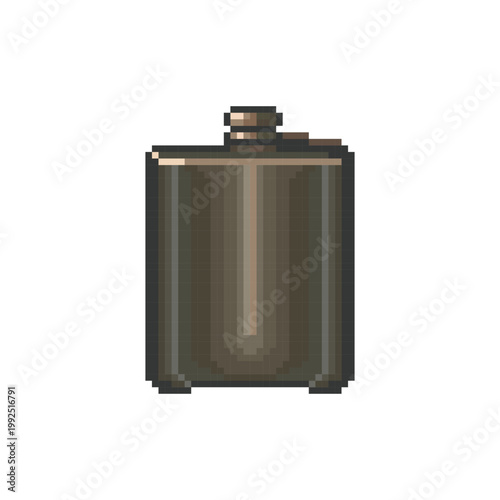 Vintage camping flask isometric pixel art illustration. . Pixel art metal canteen for hiking and outdoor adventure. Travel water bottle for rpg games assets pixel art style. Brown metallic flask.