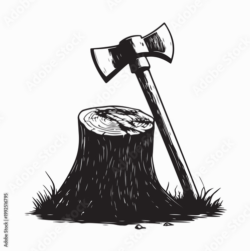Classic Lumberjack Tool Axe in Tree Stump Silhouette Vector