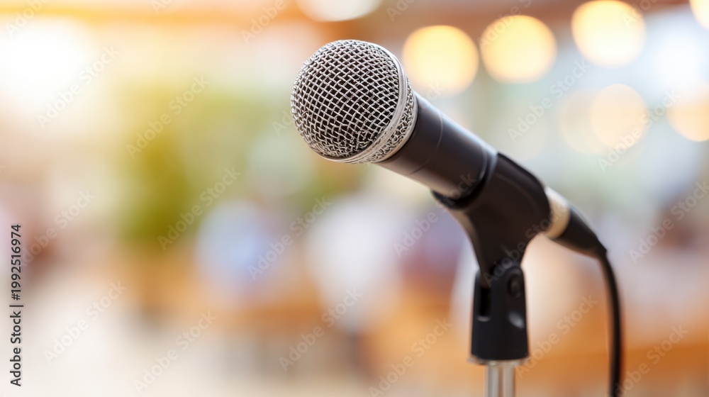 Fototapeta premium Close-Up of a Microphone Captured in a Soft-Focused Background, Perfect for Themes of Communication, Music, or Public Speaking