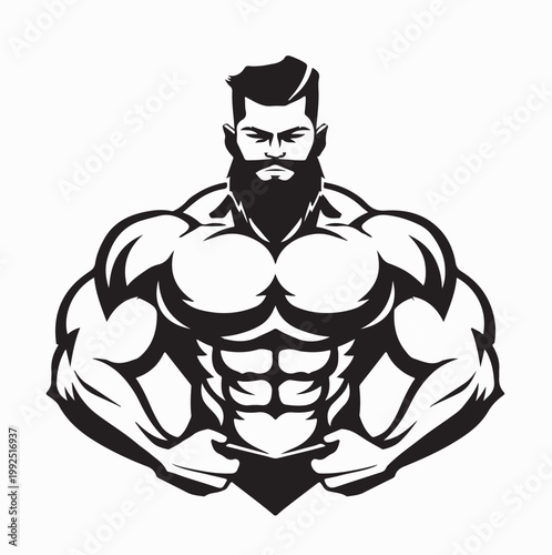 Macho Bearded Bodybuilder Fitness Mascot Logo Illustration
