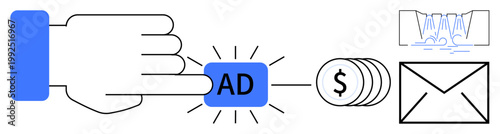 Digital marketing, pay-per-click campaigns, online revenue, advertising strategies, email marketing, internet communication. A finger pressing an ad button, coins and an envelope. Digital marketing