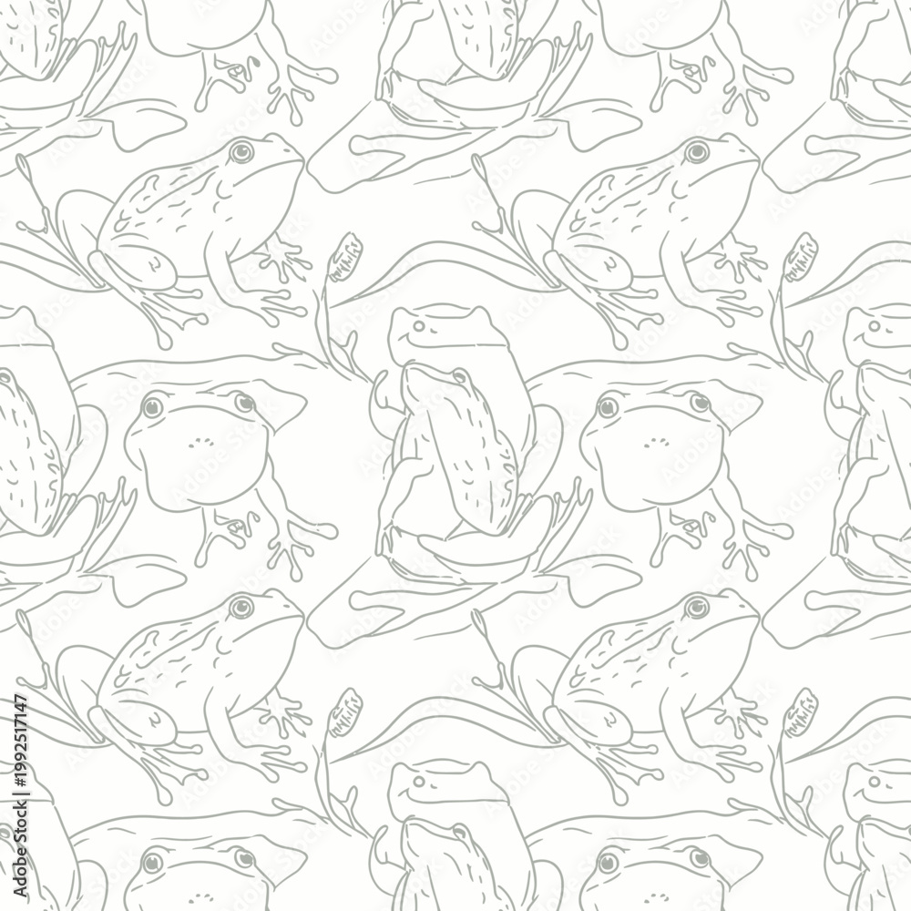 Fototapeta premium Seamless pattern of hand drawn frogs and aquatic plants.
