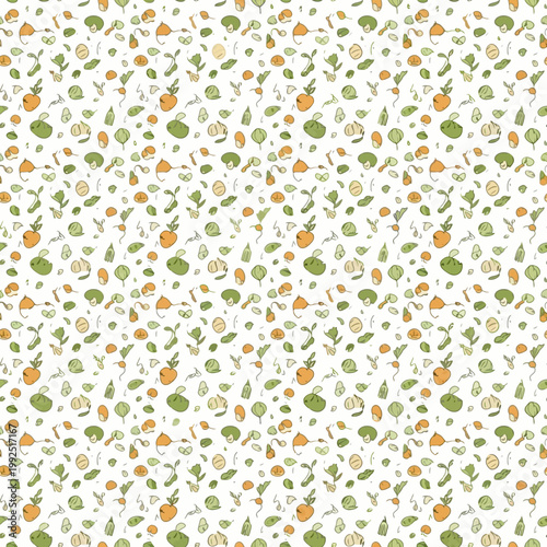 Seamless Pattern of Hand Drawn Healthy Vegetables and Fruits.