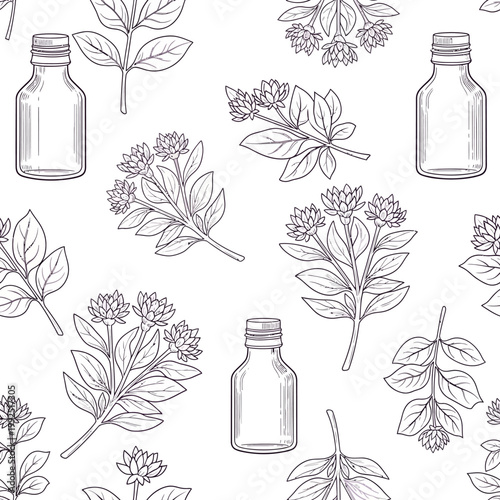 Seamless Pattern of Oregano Sprigs and Glass Essential Oil Bottles.