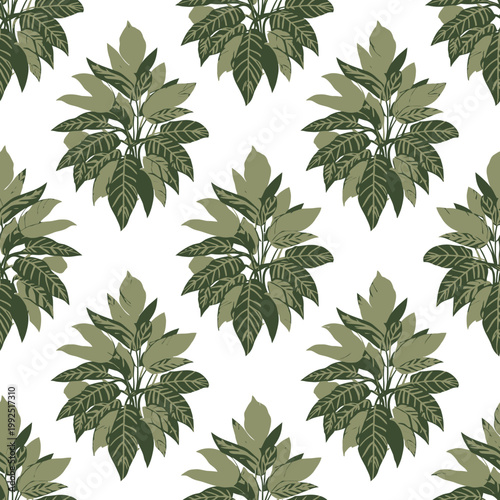 Seamless Pattern of Potted Indoor Foliage Plants with Intricate Green Leaves.