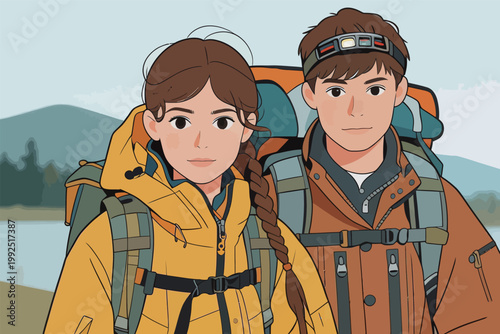 Young hikers stand together with backpacks near a lake amid mountains during daytime in a clear outdoor setting