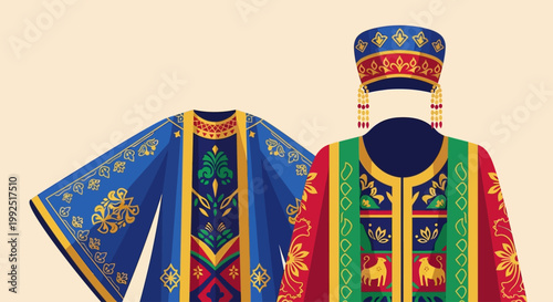 Vibrant traditional clothing on display with intricate patterns and colors on garments.