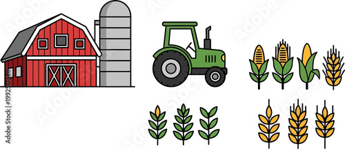 Collection of Farm Icons Barn, Silo, Tractor, Corn, and Wheat Stalks for Agriculture and Farming Themes