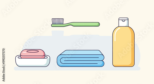 Bathroom essentials including toothbrush, soap, towel, and lotion on countertop