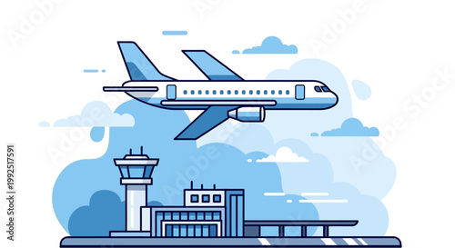 Airplane takes off from airport terminal with control tower nearby