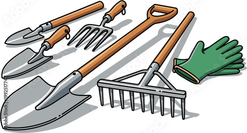 An essential assortment of diverse gardening tools and protective gloves, perfect for effective yard work, planting, and cultivating a beautiful garden landscape