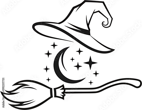 Black and white illustration of a witch's hat and broomstick with a crescent moon and stars, perfect for Halloween and magical themes