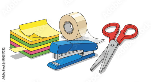 Office supplies including stapler, tape, scissors, and sticky notes are arranged.