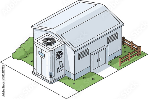 Isometric line illustration of an industrial building with an outdoor climate control unit, representing efficient energy solutions and modern infrastructure for businesses