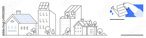 Sustainability, renewable energy, eco-living, solar technology, urban planning, environmental conservation. Solar-panel homes with green surroundings. Renewable energy and eco-living concepts