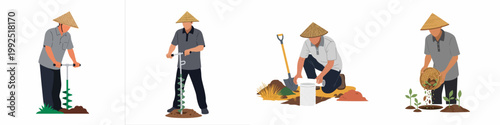 Collection of flat vector illustrations featuring a male farmer in a conical hat performing garden tasks like drilling, planting, and installing biopores.