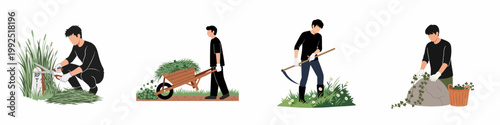 Set of flat illustrations showing a male gardener performing various outdoor maintenance tasks including trimming grass, using a scythe, and pushing a wheelbarrow.