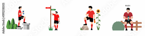 Flat illustration set of a male soccer player in red uniform resting and hydrating in various outdoor park settings.