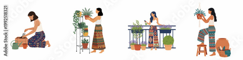 Flat illustration set of a young woman gardening at home, planting, watering, and caring for indoor and balcony plants in a bohemian style.