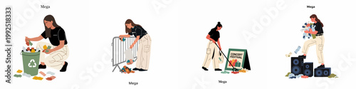 Set of illustrations depicting volunteers cleaning up trash and recycling waste after a concert or music festival event.