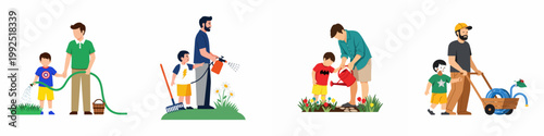 Set of flat illustrations of fathers and sons gardening together, watering plants, spraying flowers, and using garden tools outdoors on a white background.