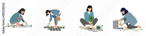 Set of four illustrations of a young woman engaged in various gardening activities like weeding, planting, and trimming her garden.